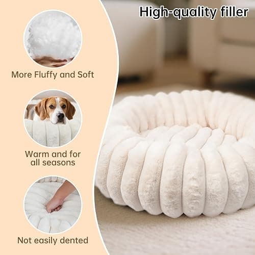 Vhen When Donut Dog and Cat Bed, Luxurious Comfortable Faux Rabbit Fur Pet Beds, Round Anti-Anxiety Calming Puppy Kitten Bed with Anti-Slip Bottom for Small Medium Dogs & Cats(20", White) thumbnail 5