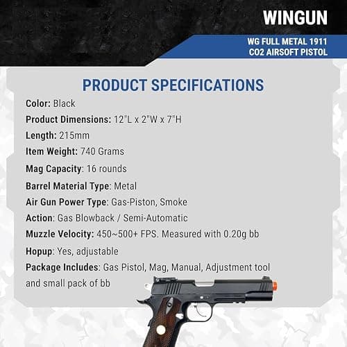 500 fps new full metal wg airsoft m 1911 gas co2 hand gun pistol w/ 6mm bb bbs(Airsoft Gun) thumbnail 7