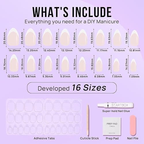 Press On Nails Short - BTArtbox French Tip Press On Nails, Almond Fake Nails White with Nail Glue, Fit Perfectly & Natural Reusable Stick On Nails in 16 Sizes - 32 Glue On Nails Kit, White French thumbnail 7