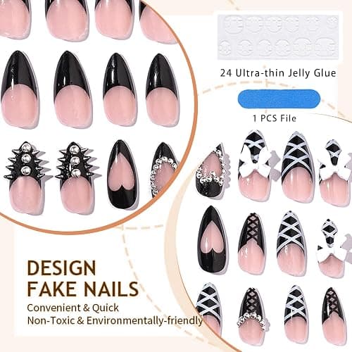 GlamRays 24 Stück Y2K Mittellange Almond Trage Press on Nails & False Nails, mit schwarzer breiter Französische Kanten, dekoriert mit Herzmuster und Legierungsperlen thumbnail 4