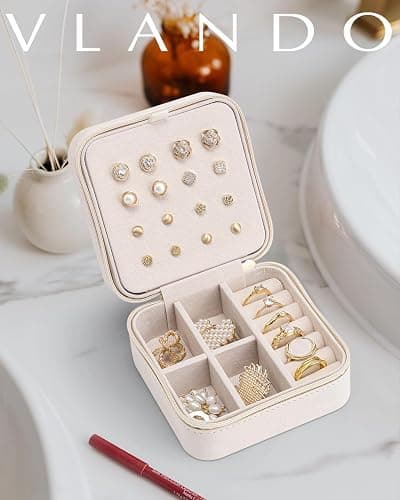 Vlando Travel Jewelry Case with 16 Earring Plates,Small Travel Jewelry Organizer Box,Portable Display Storage Box For Rings Earrings Necklaces,Gift for Girls Women,White thumbnail 4