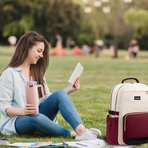 LOVEVOOK Laptop Backpack for Women with Pouch Pocket for Large Capacity Cup,15.6 Inch Teacher Nurse College Work Backpack Purse,Waterproof Laptop Bag Computer Back Pack for Travel, Beige-Red-Black thumbnail 2