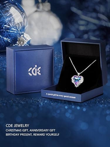 CDE Christmas Gifts for Women Angel Wings Necklace for Women with Birthstone, Love Heart Silver Tone/Gold Tone Pendant, Ideal Anniversary or Birthday Jewelry Gifts for Wife Girlfriend Her thumbnail 5