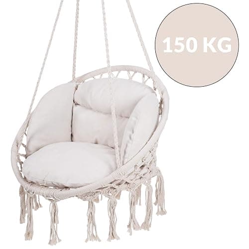 DETEX® Boho Style Hanging Circular Chair | 60cm Diameter Round Seat 150kg Capacity with 2 Cushions | Weatherproof 360° Swing Seat Galvanised Steel Cotton Indoor Outdoor | Cream thumbnail 8