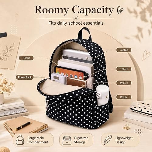 Bluboon Teen Girls School Backpack Kids Bookbag Set with Lunch Box Pencil Case Travel Laptop Backpack Casual Daypacks (Black Polka Dots) thumbnail 7