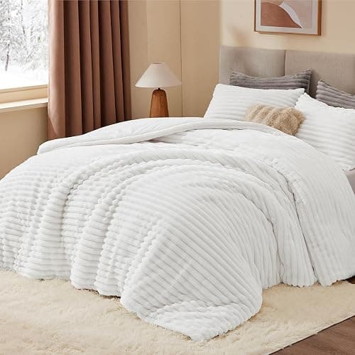 BEDELITE Fleece Queen Comforter Set -Super Soft & Warm Fluffy Bright White Bedding, Luxury Fuzzy Heavy Bed Set for Winter with 2 Pillow Cases thumbnail 2