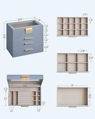 SONGMICS Jewelry Box Organizer with Glass Lid, 4-Layer Jewelry Storage, with 3 Drawers, Modern Style, 6 x 9.9 x 8.5 Inches, Smoky Blue and Gold Color UJBC161Q01 thumbnail 3