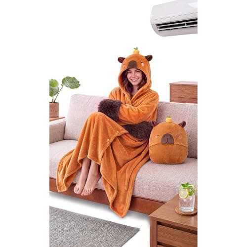 Mewaii Capybara Gifts Wearable Blanket Hoodie Soft Flannel Capybara Blanket | Full-Body Coverage, Hands-Free Design, Machine Washable, For Home, Camping, Study & Lounging, Gift for Women & Animal Lovers - Image 1