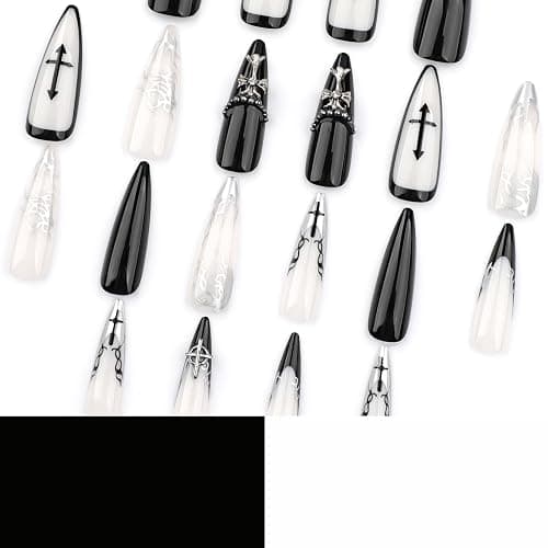 MouyouGlow Press on Nails Long,Stiletto Schwarz Silber Schmetterling Herz 3D Wasserrippel Crystal Chrome Gothic Fake Nails mit Nagelkleber,Halloween Black Silver Künstliche Fingernägel thumbnail 3
