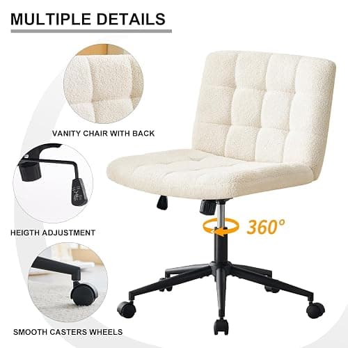 Furnimart Swivel Criss Cross Legged Chair with Wheels for Home Office, Wide Armless Desk Chair Height Adjustable Comfy Seat for Desk,Vanity, Bedroom, Faux Fur White thumbnail 5