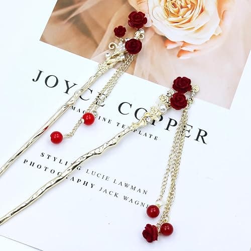 inSowni 8 Pieces Retro Vintage Asian Chinese Traditional Hanfu Gold Metal Rose Flower Butterfly Hair Pins with Bead Pendants Long Hair Sticks Forks Bun Updo Holders Hairpins for Women Girls thumbnail 7