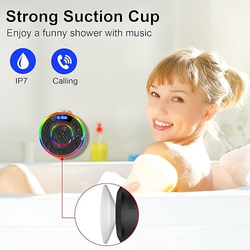 Shower Bluetooth Speaker IPX7 Waterproof, Portable Bluetooth Speakers with Suction Cup and Time Display, Crystal Sound&Bass LED Light 1100mAh, Wireless Shower Speaker for Outdoor/Kayak/ Gifts/Beach thumbnail 2