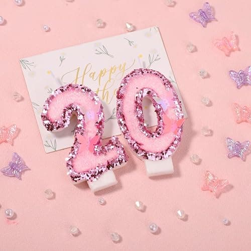 Girls Birthday Number 20 Candles, 2.95in Glitter Butterfly Happy Birthday Cake Toppers Pink Sequins Wedding Numeral Cupcake Decorations for Anniversary Celebration Party Supplies (20th) thumbnail 3