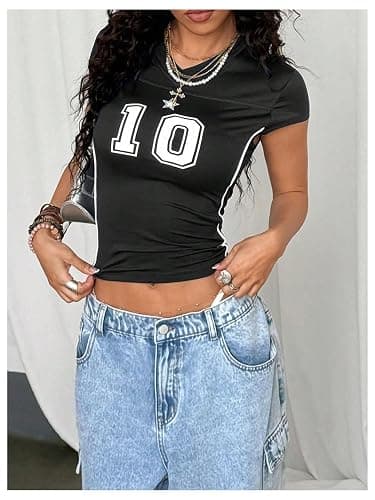 RoseSeek Women's Y2K Sporty Jersey Shirts V Neck Cap Sleeve Tight Crop Tops Street Graphic Tees thumbnail 3