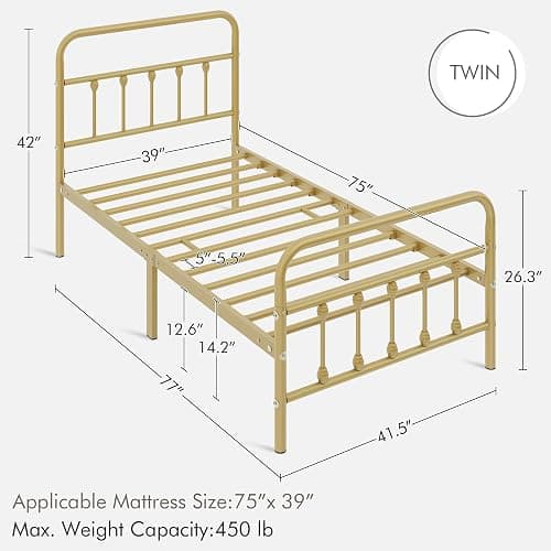 Yaheetech 2Pcs Twin Size Metal Platform Bed Frame with Victorian Style Iron-Art Headboard/Footboard/Under Bed Storage/No Box Spring Needed Antique Gold - Twin - Antique Gold thumbnail 2