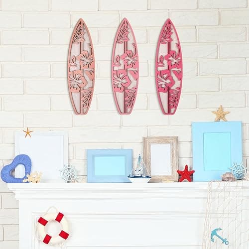 RattanView 3 Pieces Hibiscus Surfboard Decor for Bedroom Wooden Beach Wall Decor Summer Wood Surfboard Wall Hanging Sign for Tropical Living Room Decoration(Pink) thumbnail 6