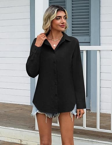 Zeagoo Womens Cotton Linen Button Down Shirts Loose Fit Long Sleeve Collared Blouse Casual V Neck Tops Outfits S-3XL thumbnail 3