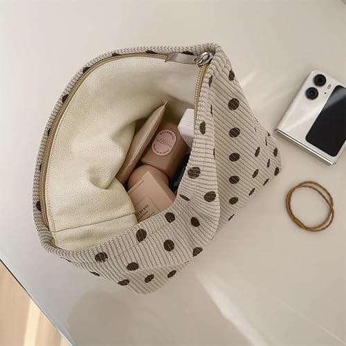 Wudygirl Makeup Bag Makeup Pouch for Women Corduroy Cosmetic Bag Portable Travel Toiletry Bag Large Capacity Make up Organizer with Zipper（Beige Polka Dot） thumbnail 2