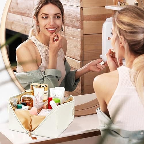 CLOUDWINGS Birthday Gifts for Women Teen Girl, Personalized Initial Makeup Organizer Bag Set, Open Flat Travel Cosmetic Bag With Clear Divider and Handle(Beige,A) thumbnail 2