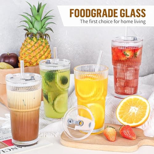 CWHHRN 20 oz Glass Cup with Lid and Straw, Glass Tumbler with Straw and Lid, Vintage Glassware for Whiskey Cocktail Beer, Iced Coffee Cups with Lid (1 PACK) thumbnail 5