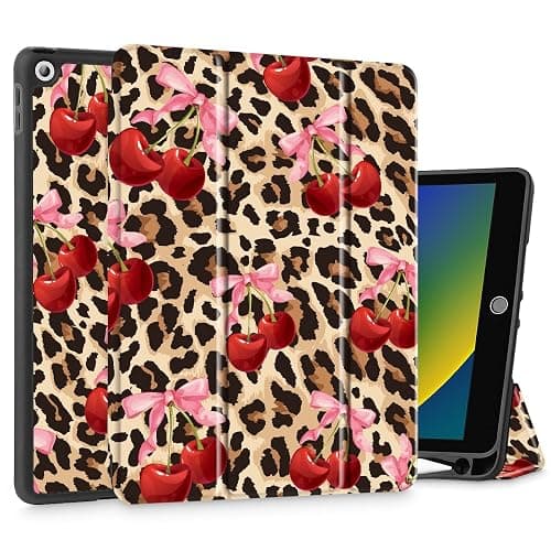 May ChenCase for iPad 10.2 Inch 2021 2020 2019 iPad 9th/8th/7th Generation with Pencil Holder, Slim Stand Protective Case with Soft TPU Back, Auto Sleep/Wake Cover, Cherry & Cheetah - Image 1