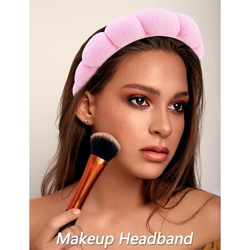VELSCRUN Spa Headbands for Wash Face, Makeup Headband, Facial Skincare Headbands, 5 Pcs Pink Puffy Sponge Spa Headband Bow Tie Hair Band Hair Clips Wristband Set Women Girls Accessories thumbnail 3