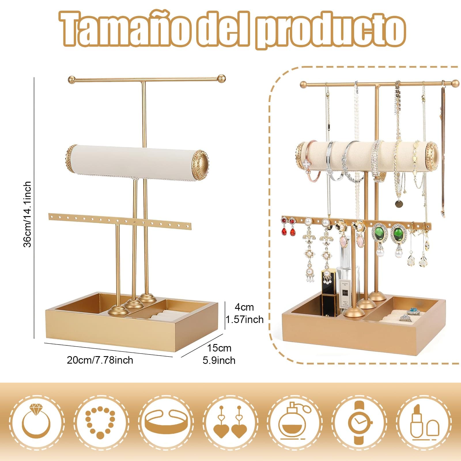 Organizador de Joyas de Metal, Estante de Joyas de 3 Niveles, Soporte para Joyas con en Forma de T para Arete, Pulseras, Relojes, Anillos, Collares, Oro thumbnail 2