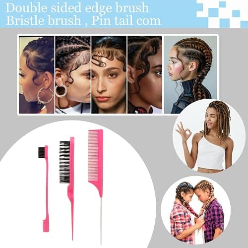 Curly Hair Brush,Curl Defining Brush plus 3 Pieces Hair Styling Comb Set(Slick Back Hair Brush,Rat Tail Comb,Edge Bristle Brush) Lightweight Vented for Combing, Shaping, Styling(Pink) thumbnail 6
