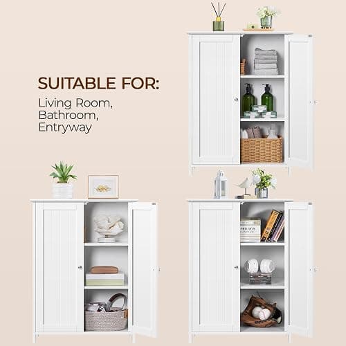 Yaheetech Bathroom Floor Cabinet, Modern Storage Freestanding Organizer Cabinet with Adjustable Shelves & Double Doors, 3-Tier Home Living Room Furniture, White thumbnail 5
