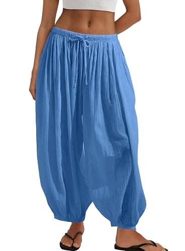 ReachMe Womens Balloon Harem Pants Sheer Summer Elastic Waist Baggy Pants Beach Vacation Outfits thumbnail 4