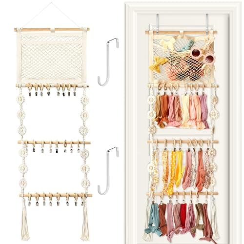 Dingion Headband Holder Hair Bows Organizer for Baby Girls Over Door Bows Holder 4 Tier Wooden Large Daisy Headband Hair Accessories Organizer Storage Decor Wall Hanging for Toddler Girls Room - Image 1