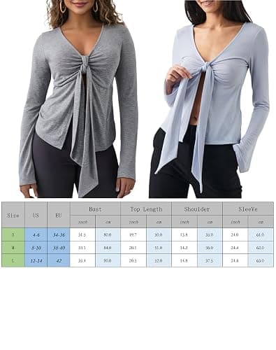 Dubute Womens Sexy Tie Front Shirts Deep V Neck Club Slimming Tops Long Sleeve Y2k Going Out Blouse thumbnail 5