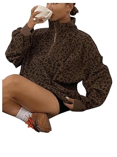 SweatyRocks Women's Leopard Print Oversized Sweatshirt Quarter Zip Collar Long Sleeve Pullover Tops thumbnail 4