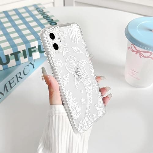NITITOP Compatible with iPhone 11 Case Clear Cute Shell Whale Sea Ocean Animal Pattern for Women Girls Full Camera Lens Slim Shockproof Protective Phone Cover - White Fish thumbnail 7
