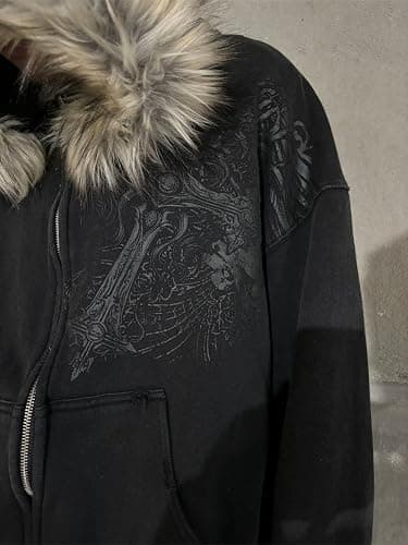 RICHTRUE Therian Fur Hood Jacket Y2k Goth Zip Up Hoodie Oversized Graphic Sweatshirt Emo Grunge Streetwear Fall Winter 2025 thumbnail 4