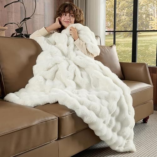 Lotus Karen Faux Fur Throw Blanket Cream White - Big Bubble Rabbit Fluff Blanket for Couch, Small Fluffy Fuzzy Cozy Blanket, Thick Furry Plush Shaggy Blankets, 50x60 Inches thumbnail 4