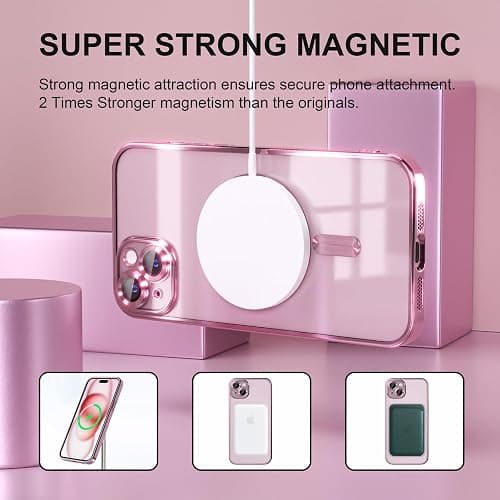 Misea Magnetic for iPhone 15 Case Compatible with MagSafe [Never Yellowing] [Military Grade Drop Protection] Full Camera Lens Protector Plating Soft Clear Phone Case for Women, Pink thumbnail 5