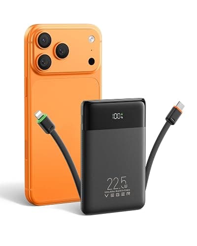 VEGER Batterie Externe 10000mah avec Câble Intégré, Power Bank Portable | 22.5W Charge Rapide, Fin Compact Chargeur USB C avec écran LED, 4 Sorties et 3 Entrées, Compatible avec iPhone Huawei Xiaomi - Image 1