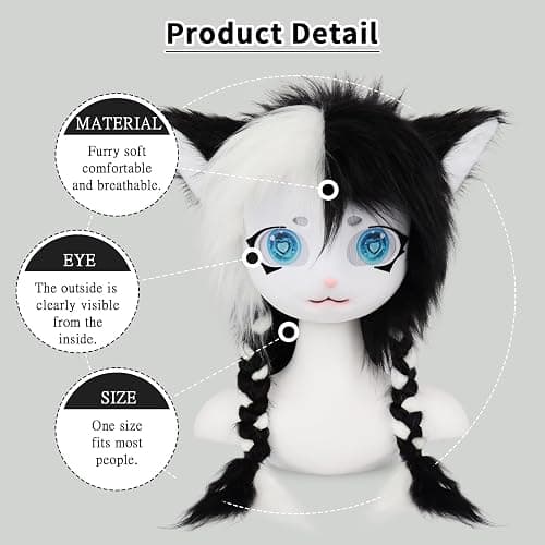 hbbhml Animal Cat Head Mask Fursuit Cute Plush Anime Masks for Halloween Masquerade Cosplay Costume Accessory thumbnail 3