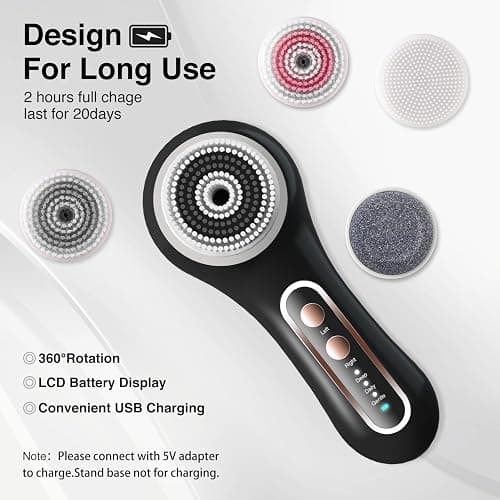 UMICKOO Face Scrubber Exfoliator, Rechargeable Facial Cleansing Brush with 2-Way Rotation & 3 Modes, 30-Day Runtime, 5 Brush Heads for SPA-Level Care, IPX7 Waterproof, Deep Cleaning for All Skin Types thumbnail 7