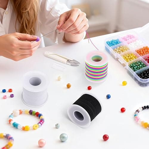 1 mm Stretchy Bracelet String with Scissors Beading Needle, 4 Rolls,660FT | Elastic String for DIY Crafts, Stretchy Cord for Jewelry Making Sewing Necklace Beading (Black, White, Rainbow) thumbnail 2