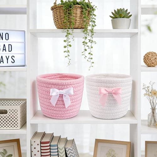 Hkojewp 2 Pack Bow Makeup Brush Holder- Mini Woven Cotton Rope Small Oval Basket with Bow Decor, Comb Brushes Storage Decorative Basket for Pencil Cosmetics Organizer Gift for Women,4 x 4 IN thumbnail 2
