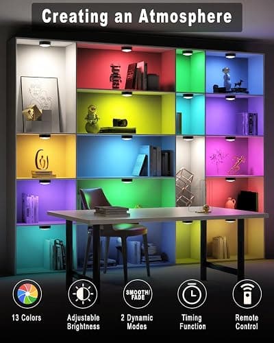 HELPLEX Puck Lights with Remote, Colors Changeable LED Puck Light Battery Powered Dimmable Under Cabinet Lights Wireless Under Counter Light RGBW Push Light, Timing & Memory Function, Black, 6 Pack - BLACK - 6 PACK NO Battery thumbnail 6