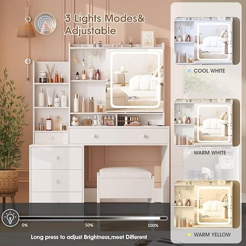 Vabches Vanity Makeup Mirror Desk with Stool,Makeup Vanity Set with 6 Drawers and Shelves,Vanity Table with Power Strip,Vanity Mirror 3 Lighting Color Adjustable,White thumbnail 4
