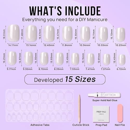 BTArtbox Press On Nails Short - White Soft Gel Press On Nail, Square Chrome Nail Tips Glue On Nails, Reusable Stick On Nails in 15 Sizes - 30 Soft Gel Fake Nails Kit, Vanilla Glazed thumbnail 6