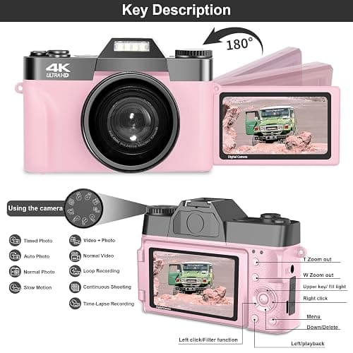 VETEK Digital Cameras for Photography, 4K 48MP Vlogging Camera 16X Digital Zoom Manual Focus Students Compact Camera with 52mm Wide-Angle Lens & Macro Lens, 32G Micro Card and 2 Batteries (Pink) thumbnail 4