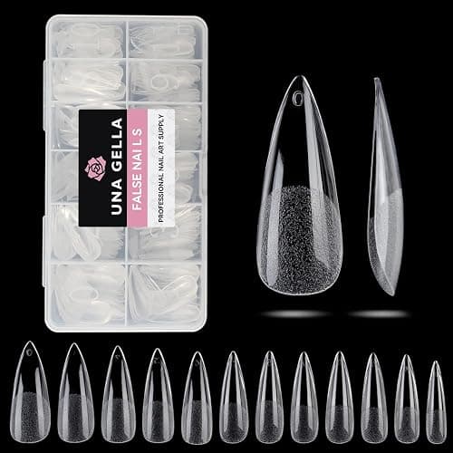 UNA GELLA Long Stiletto Gel Nail Tips Halloween Full Cover 504PCS Pre-shape Long Stiletto Almond Fake Clear Nails Tips No Need File Gel Tips No C Curve for Nail Extension DIY Art Salon 12 Sizes thumbnail 8