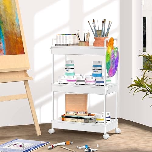 SOLEJAZZ 3 Tier Rolling Storage Cart with Wheels Slim Craft Nail Makeup Snack Art Baby Utility Cart Organizer on 2 Lockable Wheels for Bathroom Laundry Room Kitchen Bedside Narrow Spaces, White thumbnail 5
