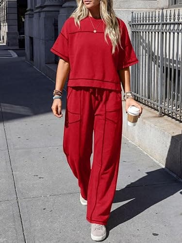 Fisoew Womens 2 Piece Outfits Lounge Sets Short Sleeve Tops and Wide Leg Pants Travel Vacation Casual Matching Sets thumbnail 2