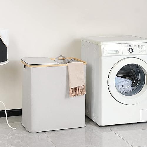 efluky Laundry Hamper with Lid, Double Laundry Hamper with 2 Removable Bags, 2 Section Laundry Basket with Bamboo Handles for Bathroom, Bedroom & Laundry Room, 140L (36.9 Gallon) Light Grey - 140L Dual - Light Grey thumbnail 6